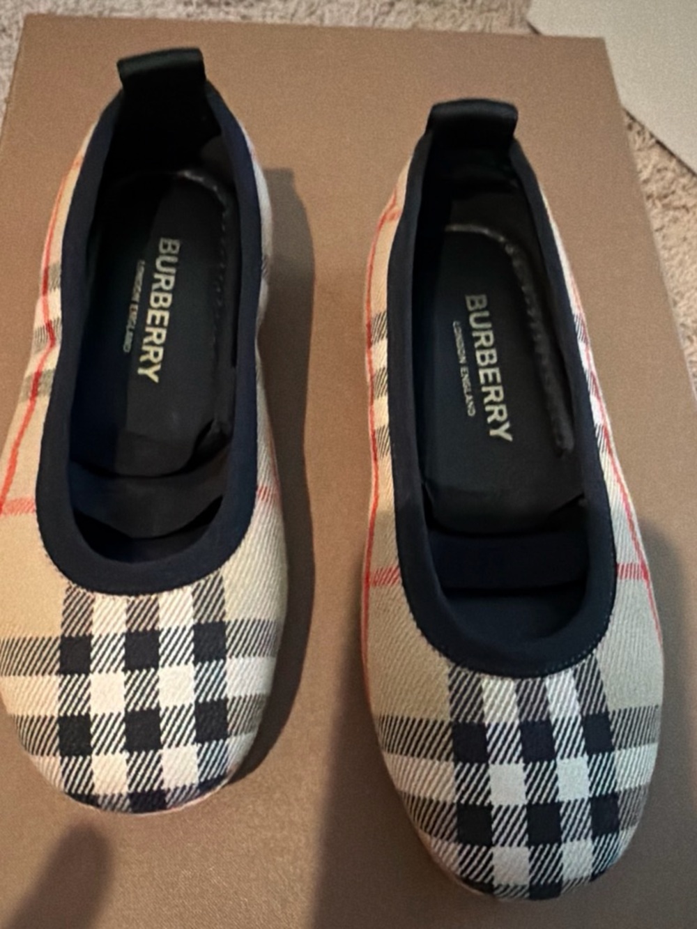 Burberry Kids Beige Check Ballet Flats with Black Trim